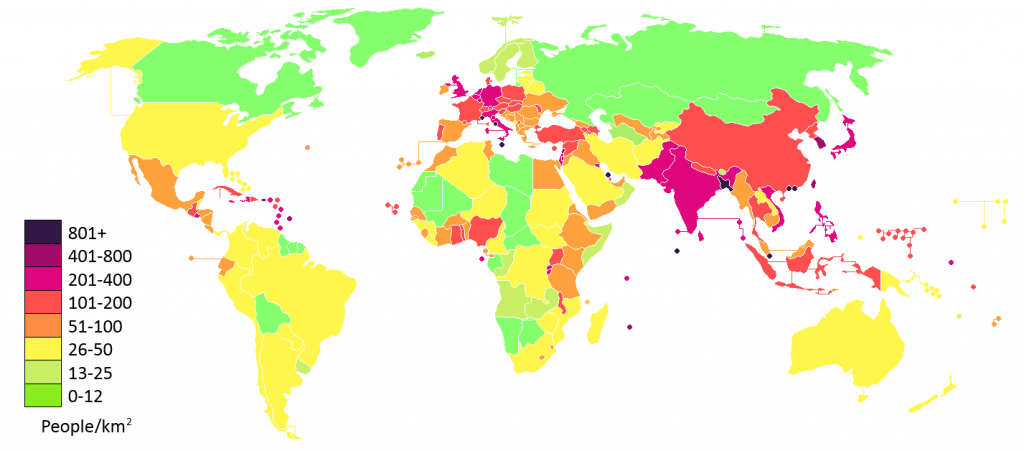 विश्व जनसंख्या घनत्व का वितरण 